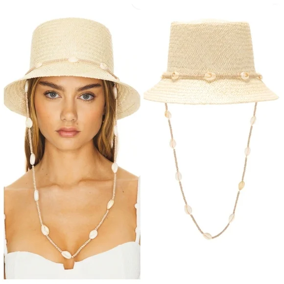 New Wyeth Seashell-Embellished Chin Strap Natural Straw Bucket Hat One Size NWT